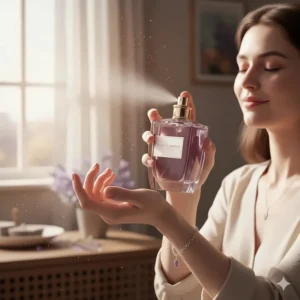A person lightly spraying a favorite perfume with lavender scents on their wrist.