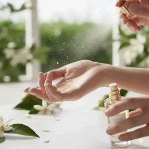A person gently spritzing neroli perfume on their wrist to showcase the best way to apply the light, fresh fragrance.