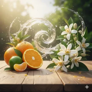 Graphic showing a blend of bright citrus fruits and soft white floral notes, representing the uplifting neroli perfume scent.