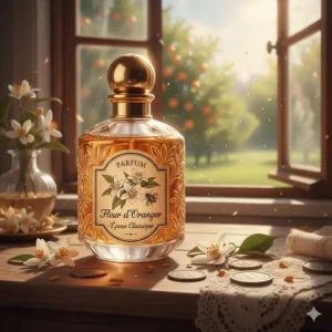 An antique or classic orange blossom perfume bottle with a traditional label, highlighting the timeless appeal of the scent.