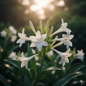 Close-up of fragrant white tuberose flowers on a stem, the source of the heady perfume note.