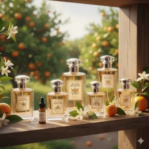A display of different brands offering the best orange blossom fragrance and perfume choices.