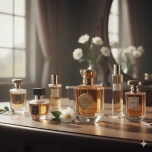 A visually appealing collection of various brands of tuberose fragrance perfumes for comparison.
