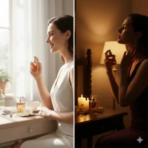 Lavender vanilla perfume illustration showcasing its versatility for both a comforting daytime scent and a sensual evening fragrance.