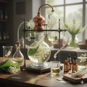 Illustration showing the process of extracting the essence for a true lily of the valley perfume.