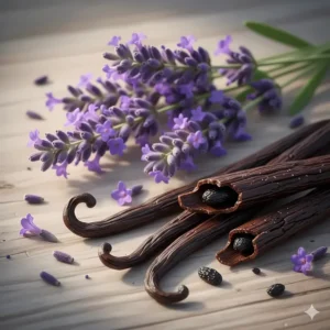 Close-up illustration of the main ingredients: vibrant lavender flowers and rich, dark vanilla beans used in the perfume.