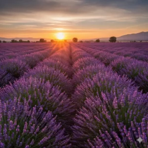 Stunning image of a blooming lavender field at sunset, emphasizing the natural source of the scent.