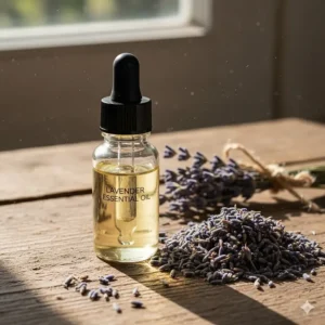 Small vial of pure lavender essential oil next to dried lavender buds, showing the ingredient.