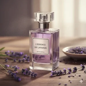 Close-up of an elegant glass bottle containing a popular lavender scent perfume.