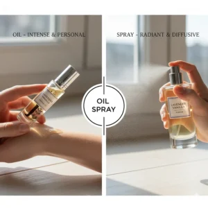 Comparison chart illustrating the difference between the lavender vanilla perfume oil rollerball and the classic Eau de Parfum spray format.