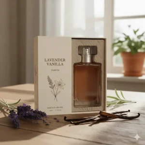The eco-friendly, stylish retail packaging and box design for the new lavender vanilla perfume collection.