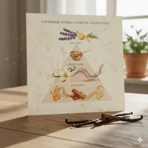 A graphic detailing the aromatic blend and delicate scent notes of the lavender vanilla perfume fragrance pyramid.