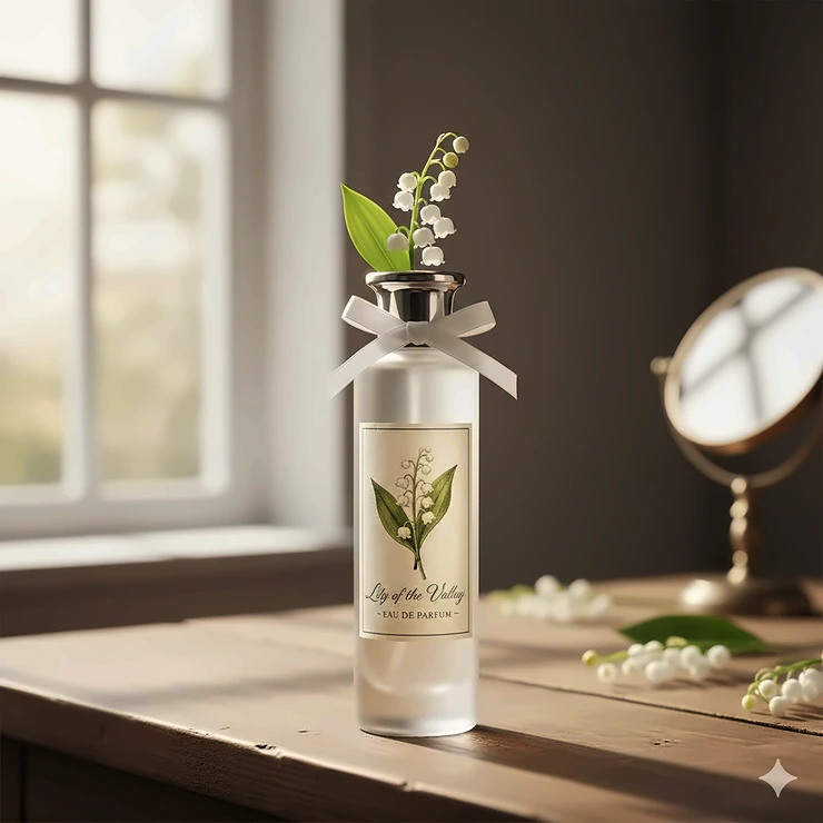 Elegant bottle of classic lily of the valley perfume, a timeless floral scent.