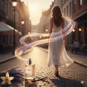 Visual representation of the long-lasting sillage (scent trail) of the warm, gourmand vanilla and calming lavender perfume.