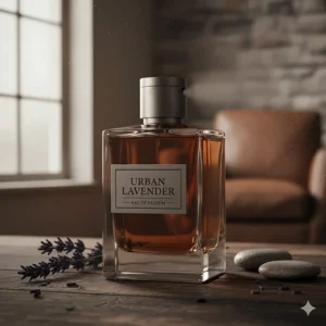 A masculine-looking bottle of a high-quality men's fragrance featuring notes of aromatic lavender.