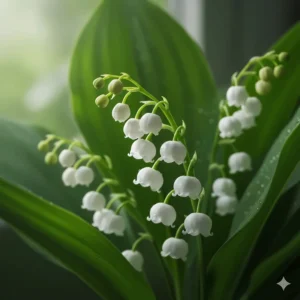 Close-up of fresh, delicate white muguet (lily of the valley) flowers.