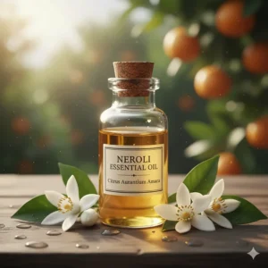 A small glass vial of neroli essential oil, the key ingredient distilled from orange blossom petals for high-quality perfume.