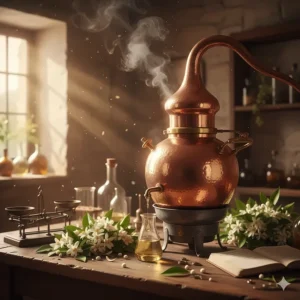 Traditional copper alembic still used for the steam distillation of neroli oil, a key ingredient in many perfumes.