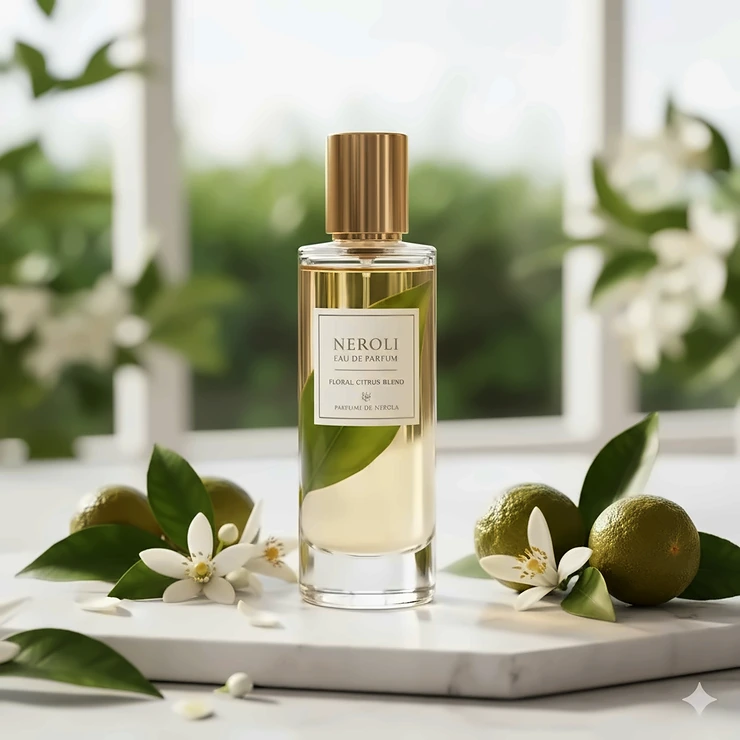 A luxurious glass bottle of neroli perfume with a subtle golden label, highlighting the elegant fragrance.