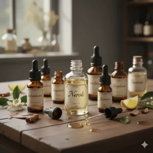Bottles of different essential oils, like sandalwood and bergamot, that often blend beautifully with neroli perfume.