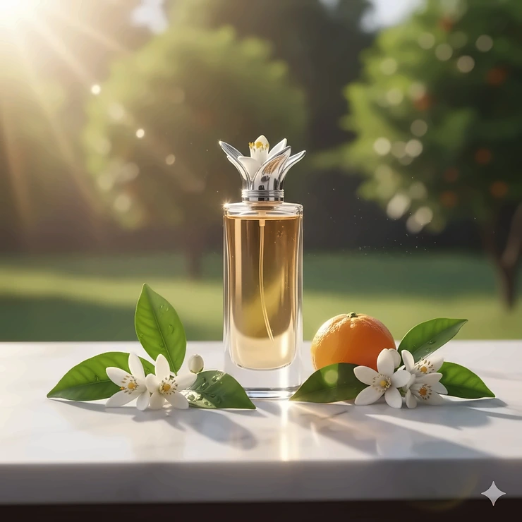 A luxurious glass bottle of orange blossom perfume on a white marble surface with fresh white flowers and green leaves scattered around.