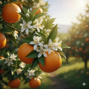 Ripe oranges and fragrant orange blossom flowers on a tree branch, illustrating the raw materials behind the perfume.