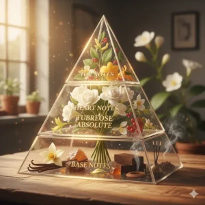 A graphic illustrating the tuberose note within the complex middle layer of a perfume note pyramid.