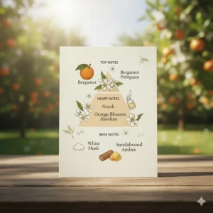 Graphic illustration showing the scent notes in an orange blossom perfume, often including bergamot, neroli, and white musk.