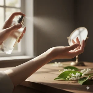 Applying a lily of the valley perfume to the wrist's pulse points for longevity.