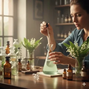 A perfumer carefully blending fragrance notes to create a lily of the valley perfume.