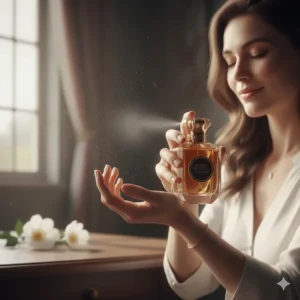 A woman gently applying a spritz of tuberose fragrance to her wrist.