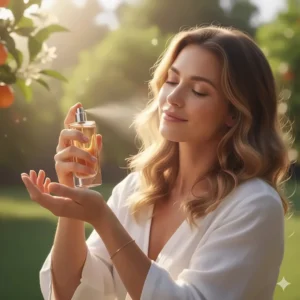 A person applying a spritz of the citrus-floral orange blossom perfume to their wrist.