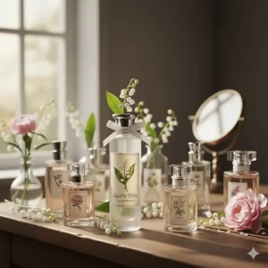 A selection of light, spring floral fragrances featuring lily of the valley perfume.