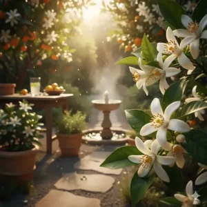 A bright, sunlit Mediterranean garden, evoking the fresh, airy, and rejuvenating aroma of a quality neroli perfume.