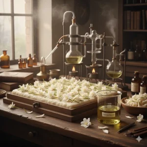 Image showing the traditional solvent extraction process used to create tuberose absolute for fine fragrance.