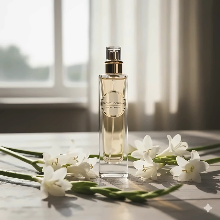 A luxurious bottle of tuberose fragrance perfume set among white tuberose blossoms, highlighting the flower's captivating scent.