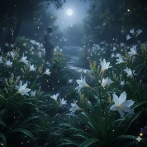Tuberose plant growing in a lush, moonlit garden, emphasizing its strong evening scent.