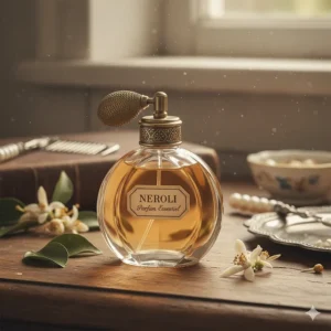 An antique, elegantly shaped glass vial containing a historic or vintage example of a classic neroli perfume.