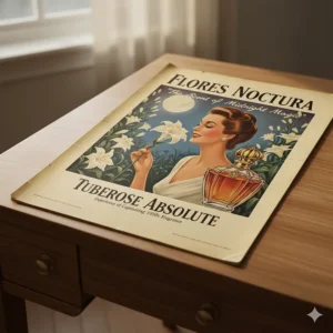A charming vintage advertisement promoting a classic tuberose fragrance perfume from the 1950s.