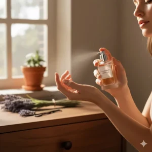 Silhouette of a person spraying the lavender vanilla perfume onto a pulse point for best and longest-lasting fragrance application.