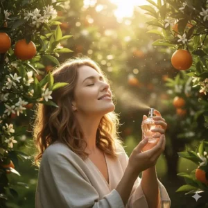 A woman smiling and inhaling the light, sunny scent of her favorite orange blossom perfume.