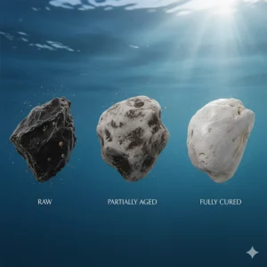 Various stages of aged and cured ambergris lumps, showing the transition from black to grey and white as it floats.