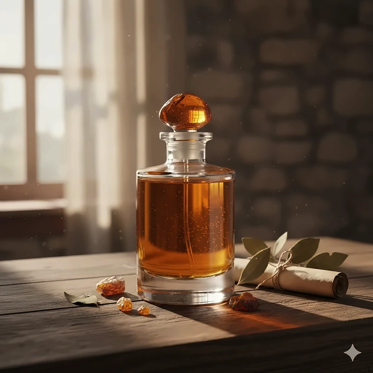 Exquisite glass bottle of pure amber oil perfume on a wooden surface, highlighting the rich, golden hue of the fragrance.