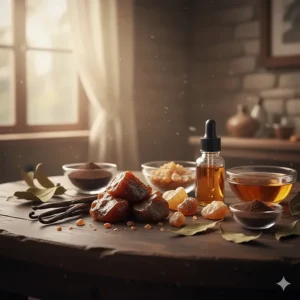 A display of raw, high-quality ingredients like labdanum, benzoin, and vanilla pods, which form the core of a synthetic or botanical amber oil perfume.