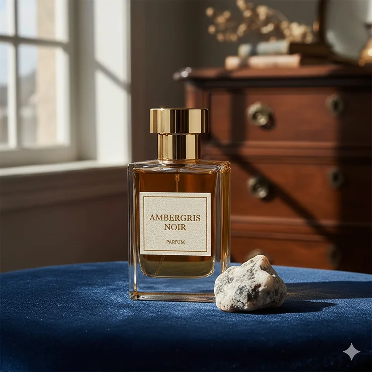 Luxurious glass bottle of a rich ambergris perfume displayed on a velvet surface, symbolizing its rare, complex fragrance.