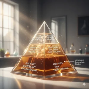 Diagram of a fragrance note pyramid showing ambergris as a crucial base note, providing longevity and fixation to the scent.