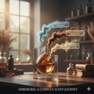 Chart detailing the complex olfactory profile of ambergris perfume, describing its musky, earthy, and subtle marine facets.