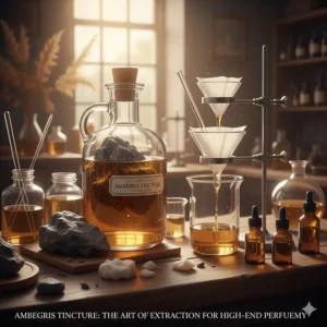 Visualizing the process of creating an ambergris tincture or extract for high-end perfumery compositions.