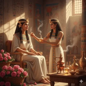 Stylized illustration of ancient use of rose perfume oil in Egypt for fragrance and well-being.