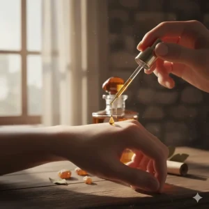 Applying a drop of amber oil perfume to a pulse point on the wrist using a glass applicator.